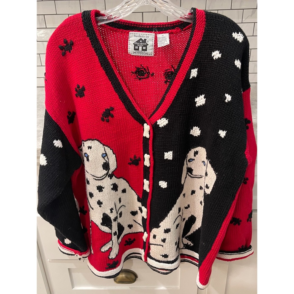 Storybook Knits Cardigan Womens 1X Red Dalmatian Dog Bone Button Vintage Sweater